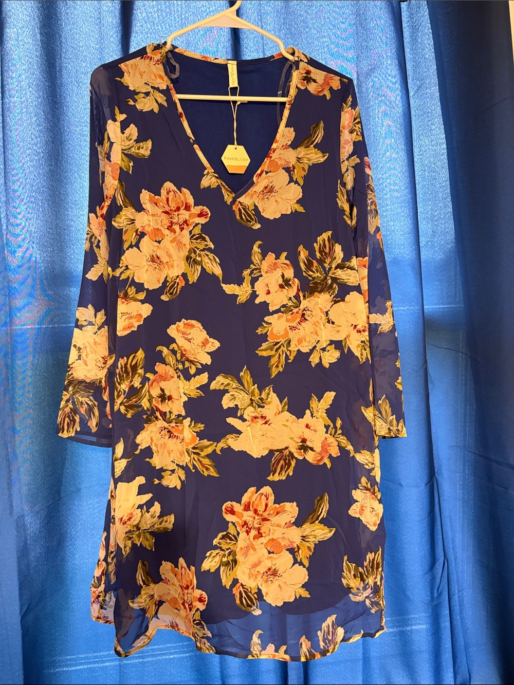 Pinkblush Navy Floral V-Neck Dress with Yellow Blooms